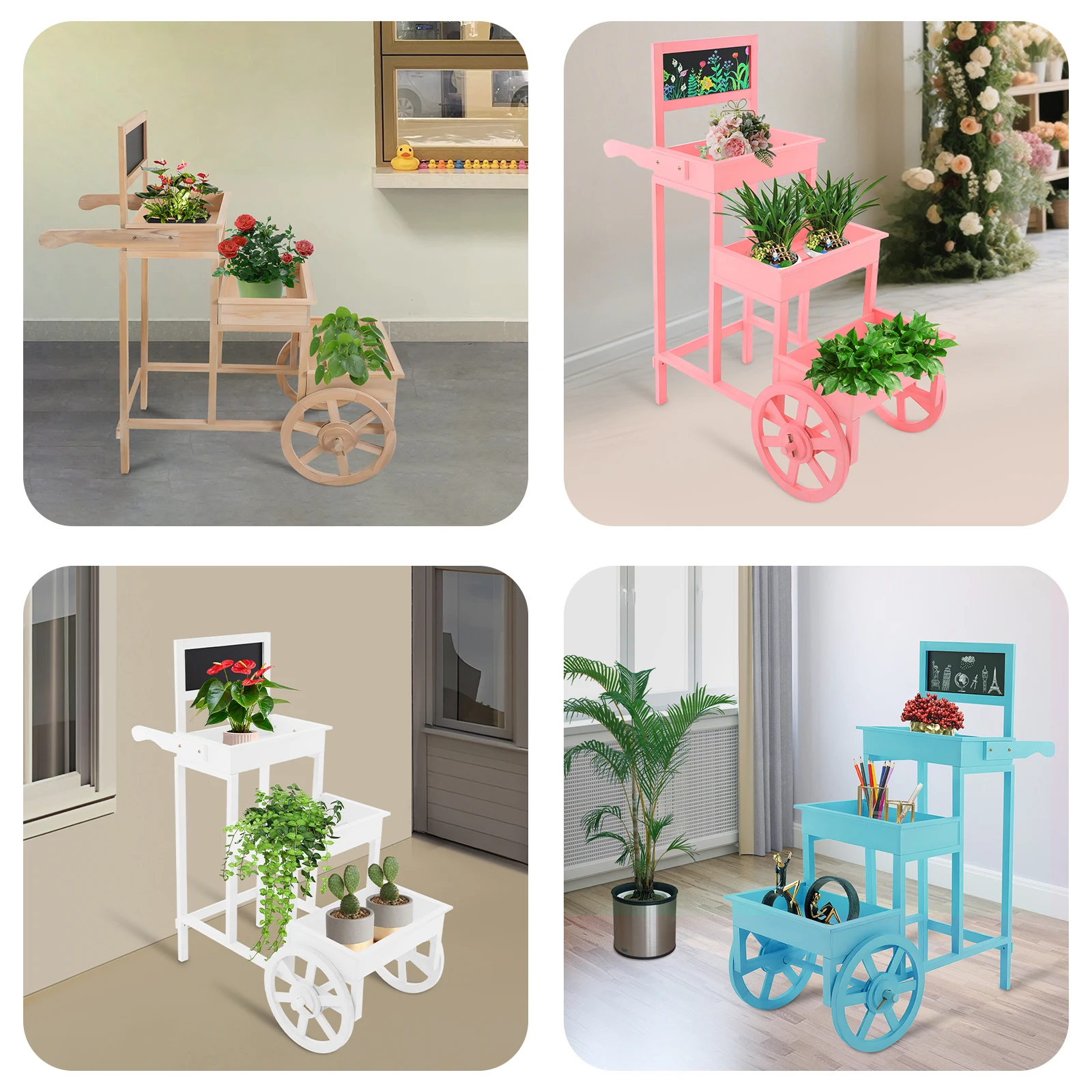 3-Tiered Flower Cart Display Stand with Wheels, Plant Flower Rack with Blackboard, Stand Blue/Pink/White/Wood Color