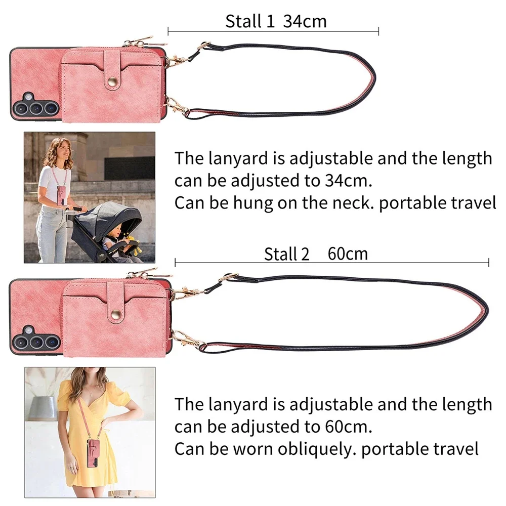 Leather Phone Cover with Zipper Wallet and Lanyard Stand Feature