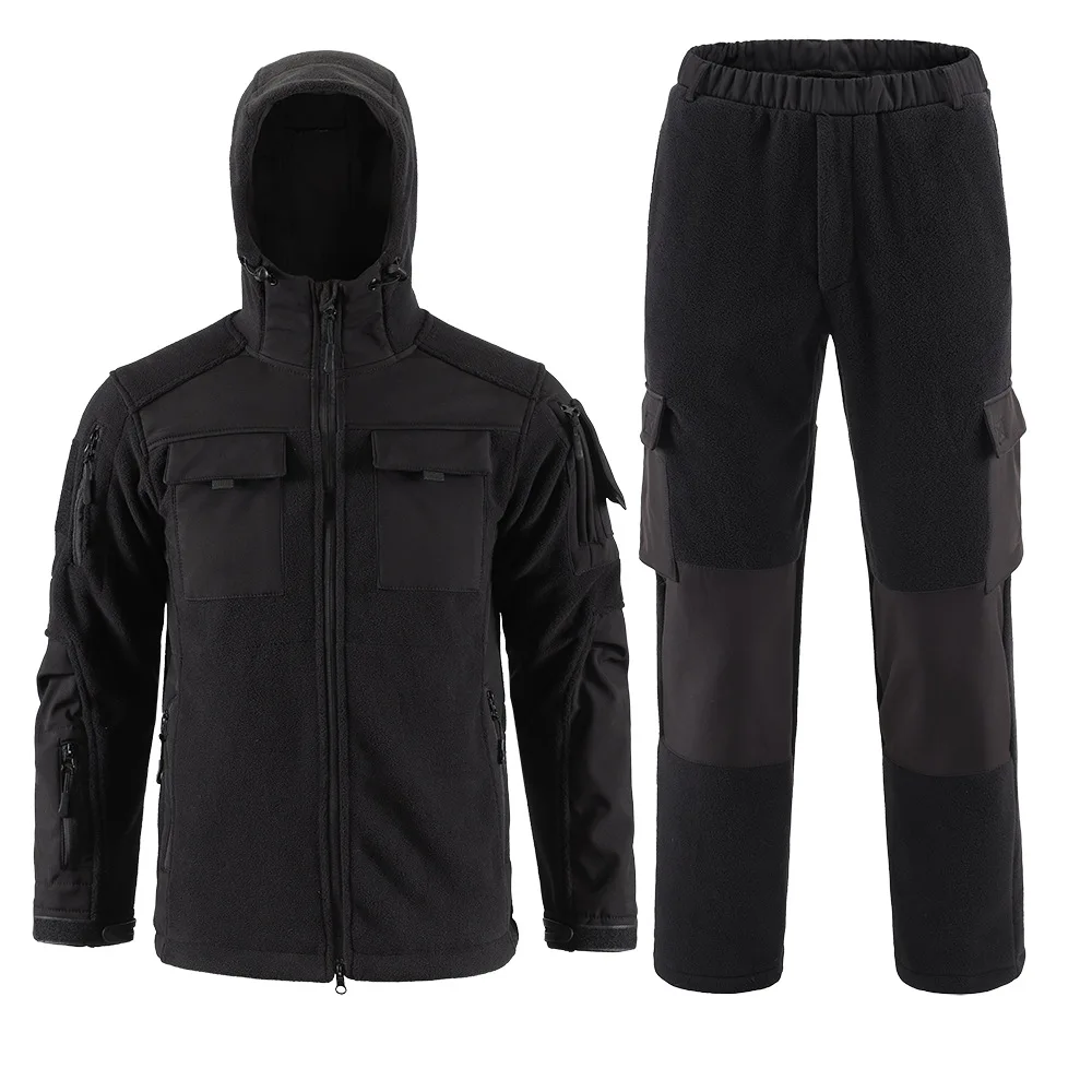 Giacca tattica in pile Set da uomo Outdoor Camo Sistema a 3 strati Tuta sportiva in pile invernale calda militare con cappuccio a metà strato - immagine 4