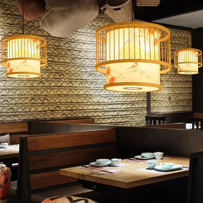 Japanese Style Bamboo and Wood Woven Pendant Light Chinese Dining Table Chandelier E27 LED Indoor Lighting Fixtures Home Decor