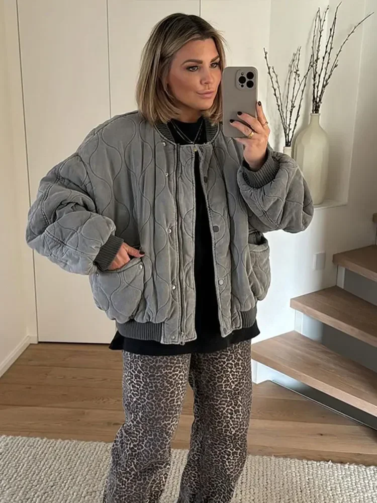 Quilted Single Breasted Grey Women's Cotton Jacket Casual Pocket Stand Collar Long Sleeved Coats Fall Winter Commuting Outerwear 5