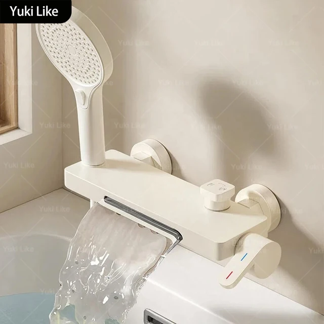 ก๊อกน้ำอ่างอาบน้ำแบบน้ำตกสีขาวนมสำหรับห้องน้ำ พร้อมปุ่มปรับเปลี่ยนระหว่างน้ำร้อนและน้ำเย็น ชุดฝักบัวแบบไหลแรง 1