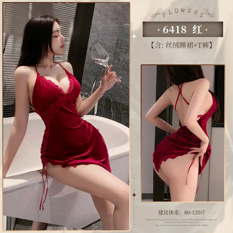 V Neck Chest Velvet Strap Sleeping Sexy Underwear Pure Desire Dress Elegant Red Sweet Fashion Korean Women Sweet Tops PT7P