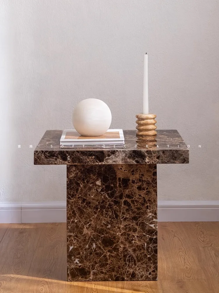 Light Luxury Retro Style Natural Marble Home Living Room Side Table Plant Pot Display Table Height 50cm Wide 50cm Thick 4.5cm