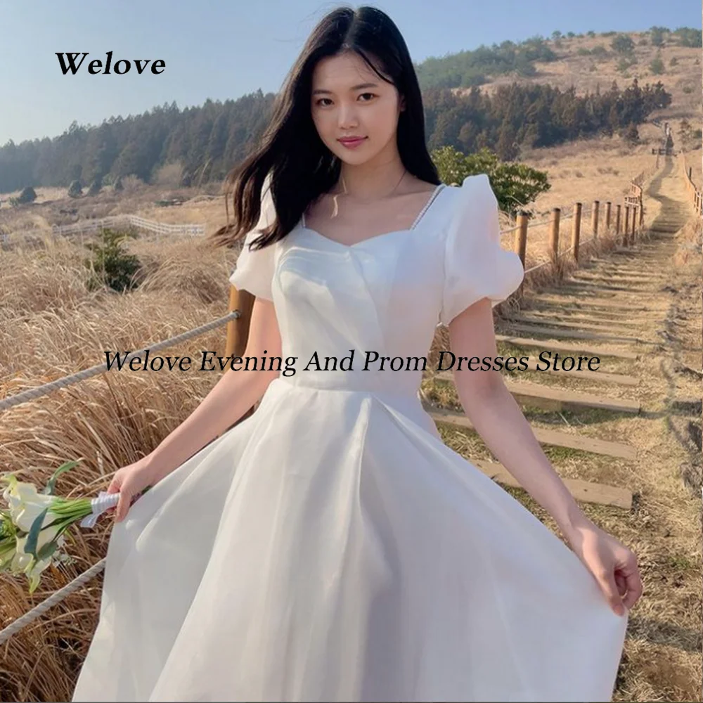 

Welove Square Collar Bow puff sleeves Simple A Line Evening Dress Floor Length Photography Formal Prom Gown For Woman 프롬드레스