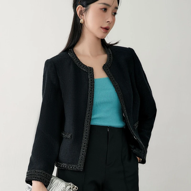 Wool Small Black Jacket for Women 2023 Autumn Winter Designer Cropped Coat High Quality Beading Basic Tweed Short Jacket Outwear high end 100% wool coat women cropped jacket 2021 spring runway designer colorful houndstooth plaid tweed jackets short outwear
