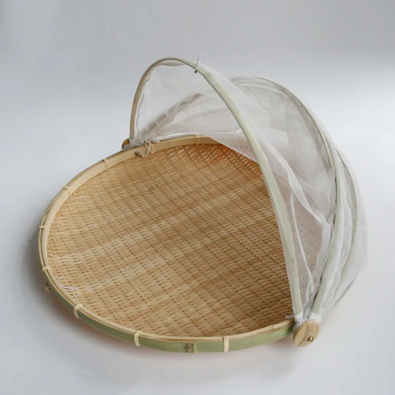 1PCS Hand Woven Bug Proof Basket Dustproof Kithen Picnic Basket Handmade Fruit Vegetable Bread Cover Wicker Basket With Gauze_voghion.com
