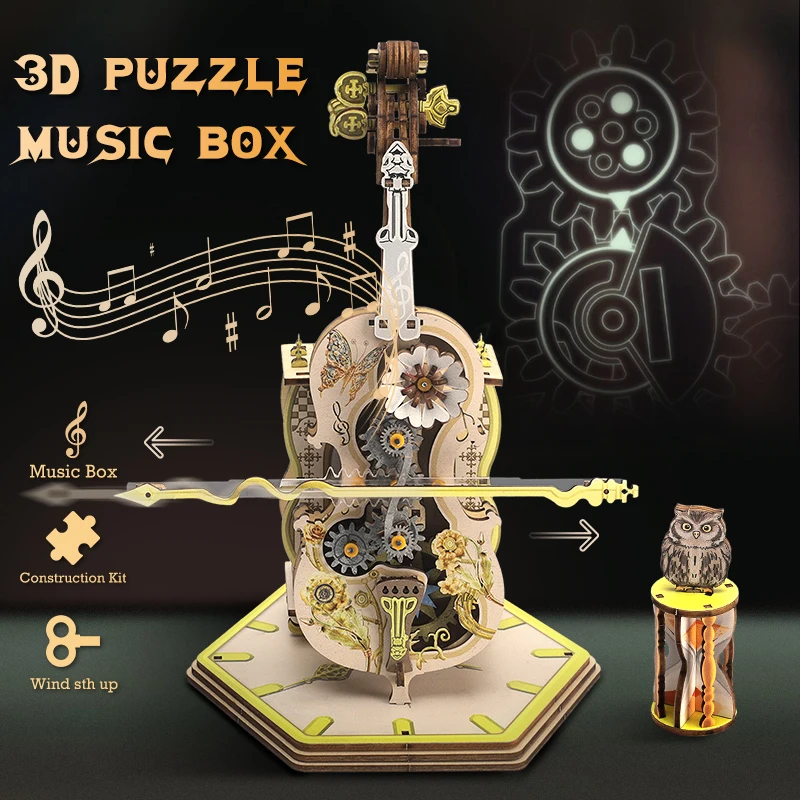 

3D Wooden Puzzle Music Box Magic Cello Moveable Stem Music Box for Adult DIY Building Hobbyist Gift Decor Musical Instrument Kit