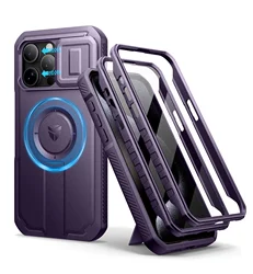 Rugged Armor Shockproof Case with Sliding Camera Cover & Built - In Screen Protector Kickstand for iPhone 15 Pro Max (Phantom Purple)