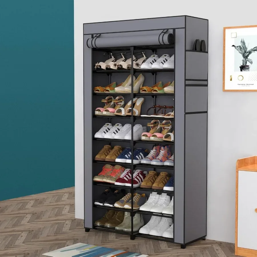 9Tier Shoe Rack 3640 Pairs Organizer with Nonwoven Fabric Cover Double Row for Closet Black Rack with Gray Cover