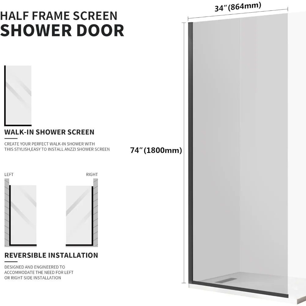 Shower Door Bathroom Semi-Framed Fixed Shower Glass Door Single Shower Screen in Matte Black Clear Tempered Glass Shower Door 3