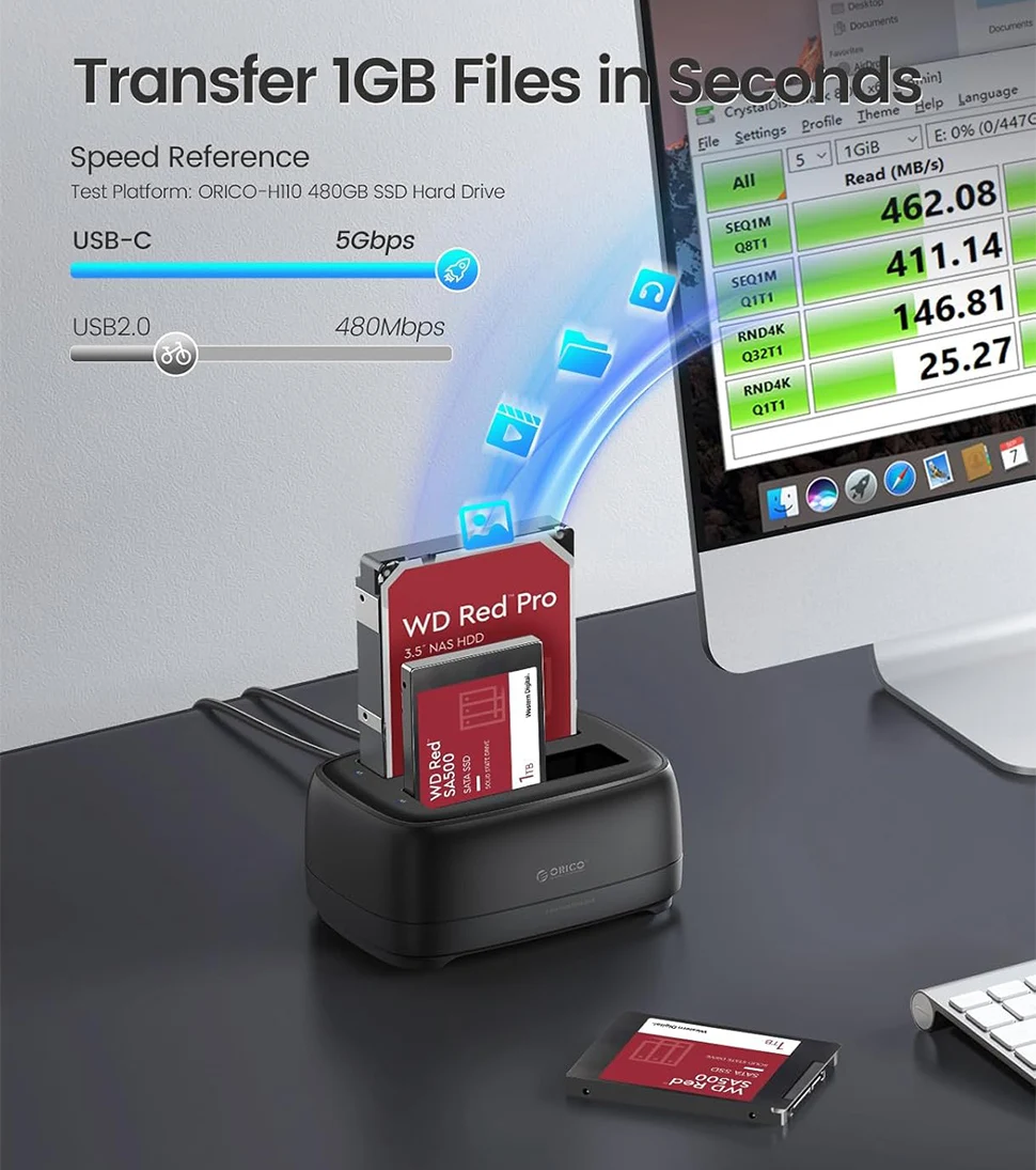 ORICO SATA HDD SSD 인클로저 하드 드라이브 도킹 스테이션, 2.5 인치, 3.5 인치, 2 베이 복제기, 오프라인 복제, USB3.2 C 타입 외장 HD 케이스