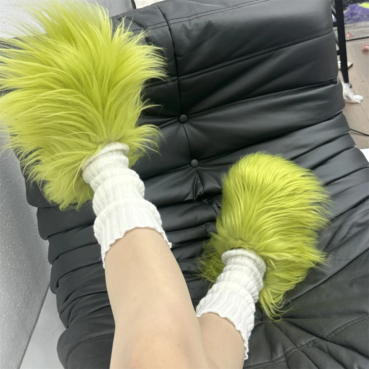 taly Leather fur Slippers Women Mule Runway Flats Thick Sole Leisure,Luxury Designer Brand fur Shoes Ladies