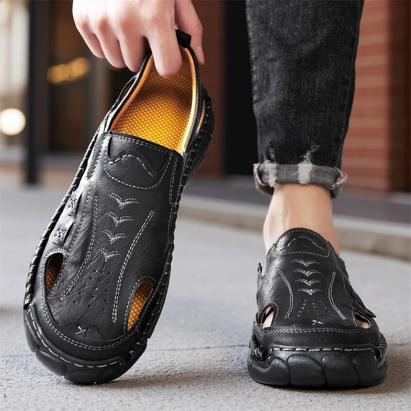 Fashion Men's Retro Casual Leather Vintage Sandals Comfortable Outdoor Walking Shoes Beach Flats Hollow Out Man Sneakers_vogvips.com