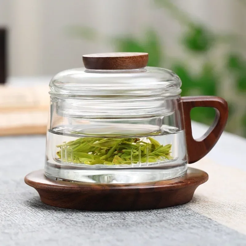 Tea Infuser Cup 200ml Heat Resistant Glass Teacup with Filter and Wood Handle Coaster Office Tea Separation Mug Kung Fu Set insulated tea cup tea cup