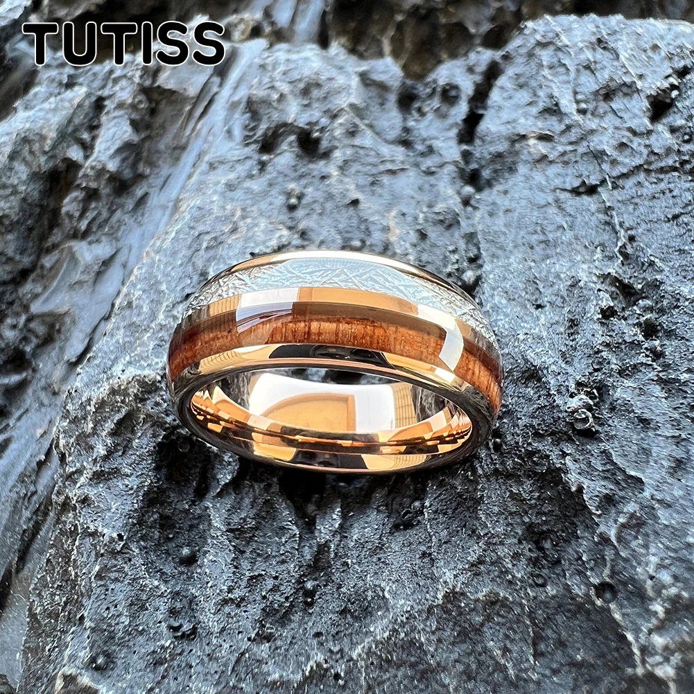 TUTISS 8mm Men's and Women's Wedding Tungsten Ring with Double Slots Inlaid with Redwood and Meteorite for Comfortable Fit
