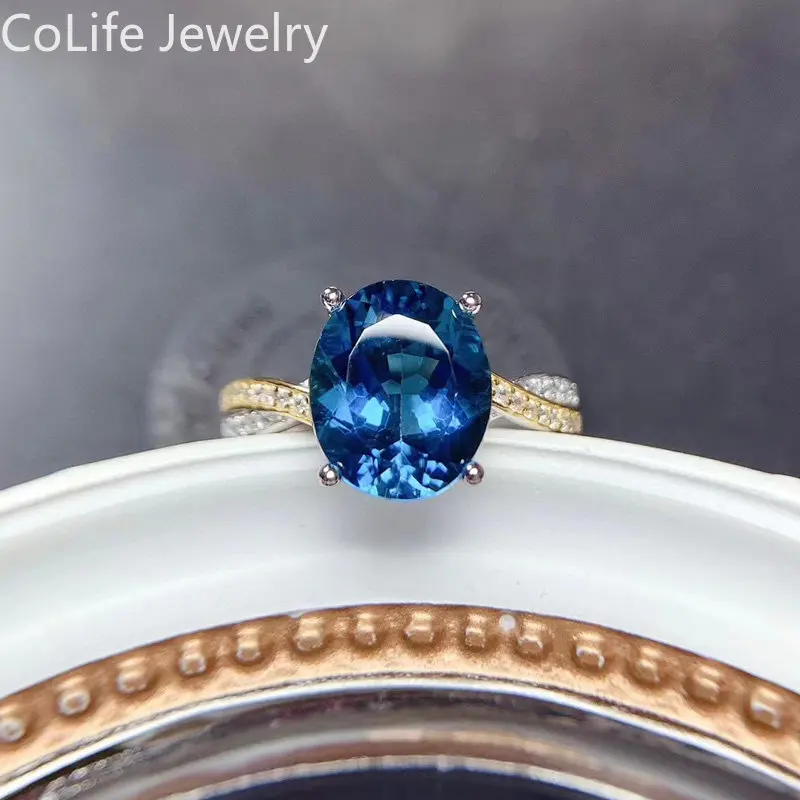 

Dark Blue Topaz Silver Ring for Party 9mm*11mm 4ct Natural Topaz Ring with 3 Layers 18K Gold Plating Woman Birthday Gift