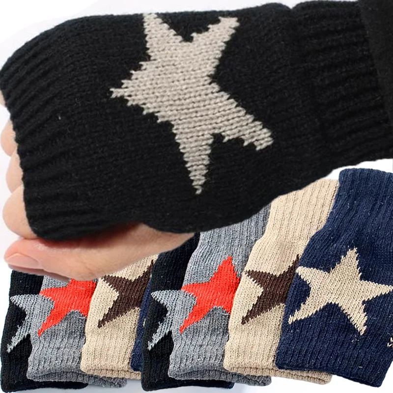 

Зимние вязаные шерстяные перчатки со звездами, Y2K, модные мужские и женские перчатки с полупальцами, теплые студенческие перчатки с пятью острыми пальцами, 1 пара