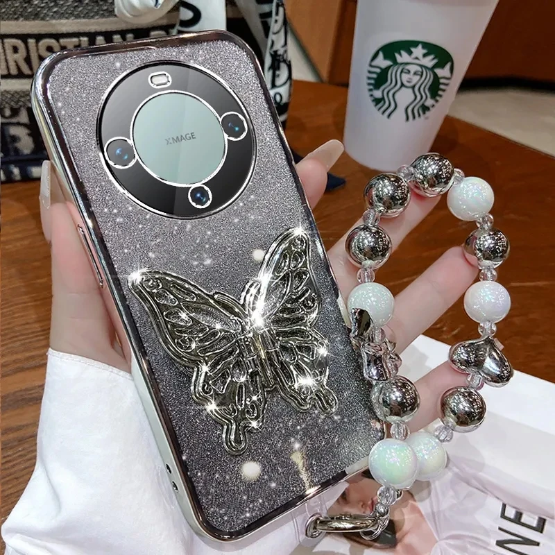 Glitter Plating 3D Butterfly Bracelet Phone Holder Case