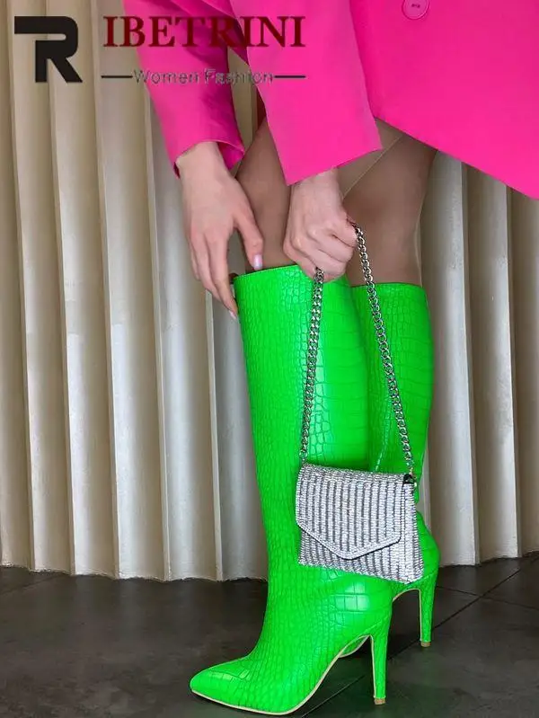 Female Pointed Toe Boots For Women Slip On Fashion Stiletto Heels Shoes Knee High Med Calf Boots Stone Print Sexy