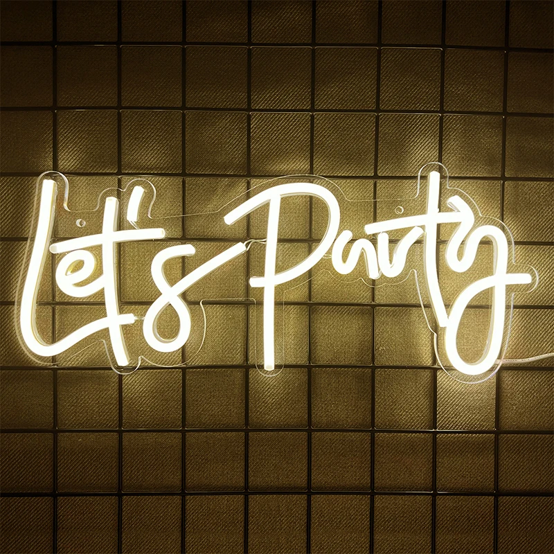 battery night light LED Neon Let’s Party Sign for All Party Wall Decor Warm White Letters Reusable Neon Light “16x3” LED Sign for Bedroom Engagement night lights for adults Night Lights