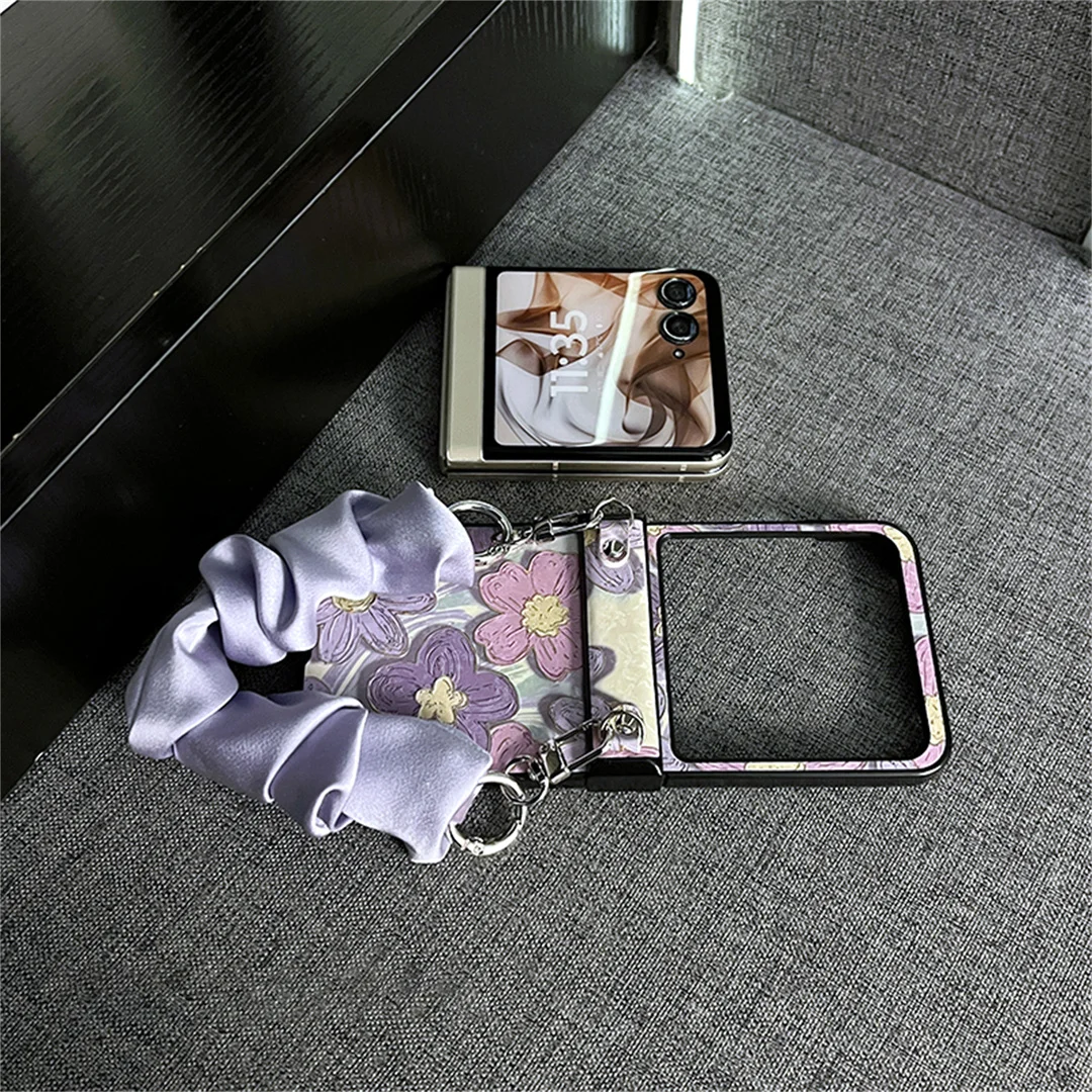 Luxury Korean Oil Painting Purple Flowers Case with Purple Scarf Bracelet