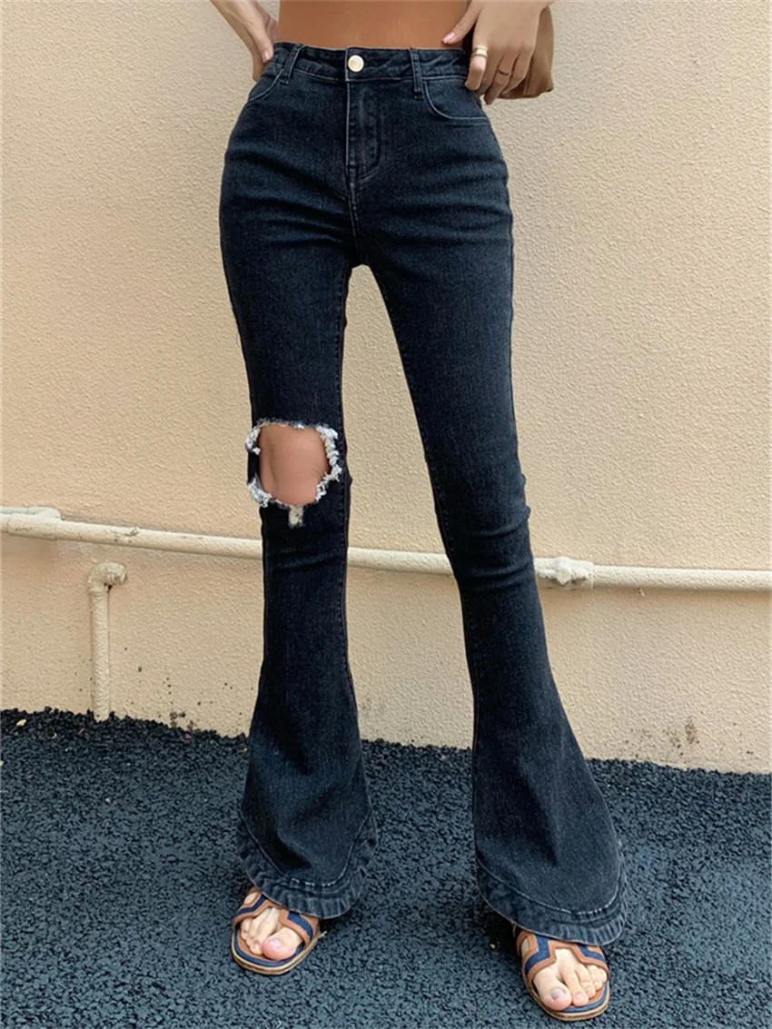 

Alien Kitty Hong Kong Style Jeans Pants Women Vintage All Match 2023 Office Lady Slim-Fit High Waist Hole Denim Spring Chic