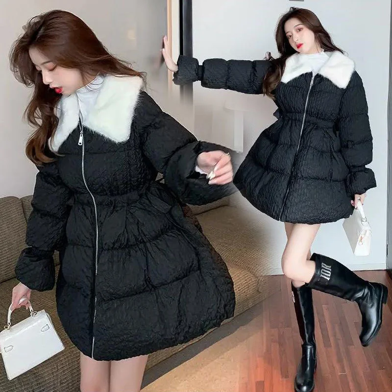 

Women Thicken Warm Fashion Cotton Padded Jacket Winter Waist Closed Students Korean Large Wool Collar Outerwear