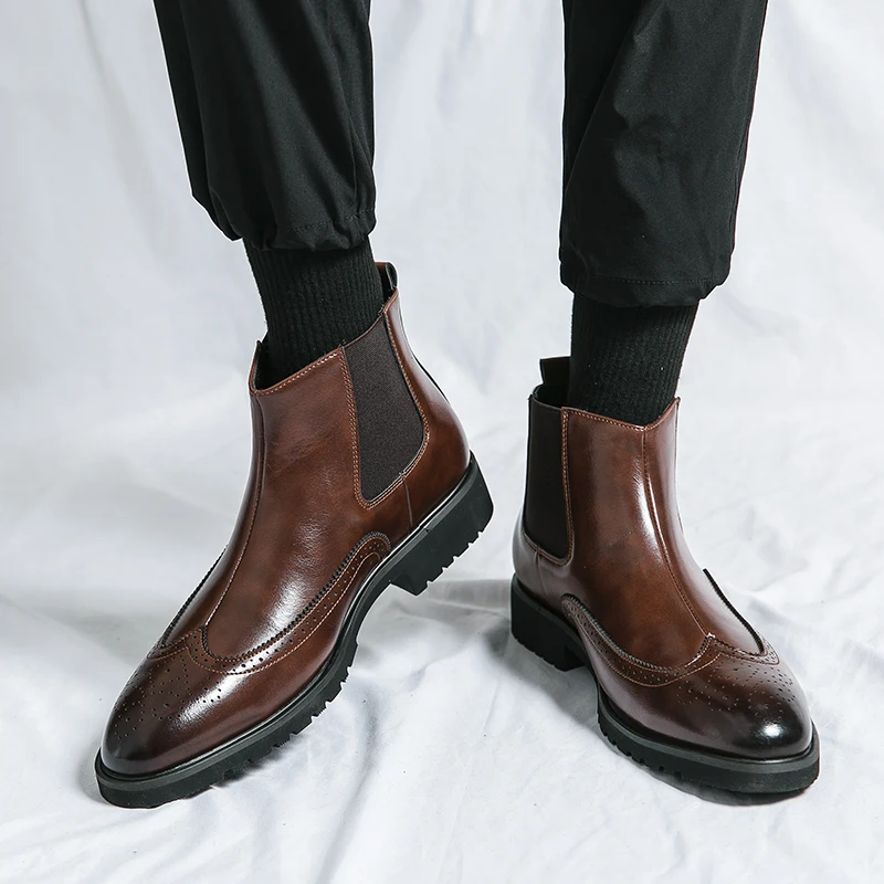 Brown Black Chelsea Ankle Formal Boots Men Business Designer Handmade Mens Short Round Toe Slip-On Shoes Boots