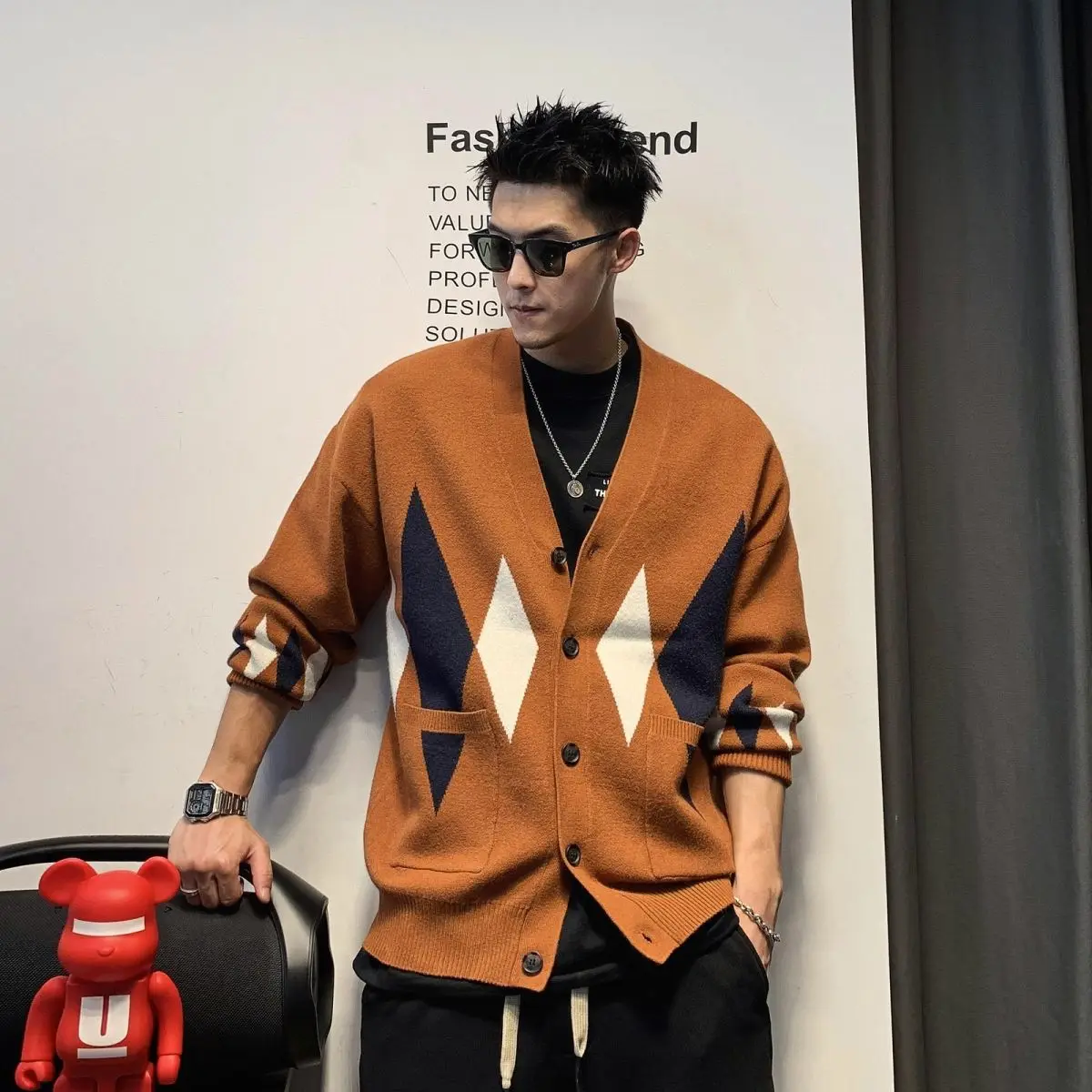 Large Men's Diamond Patterned Collarless Sweater Jacket Men's Spring and Autumn Retro Lazy High-end Knitted Cardigan