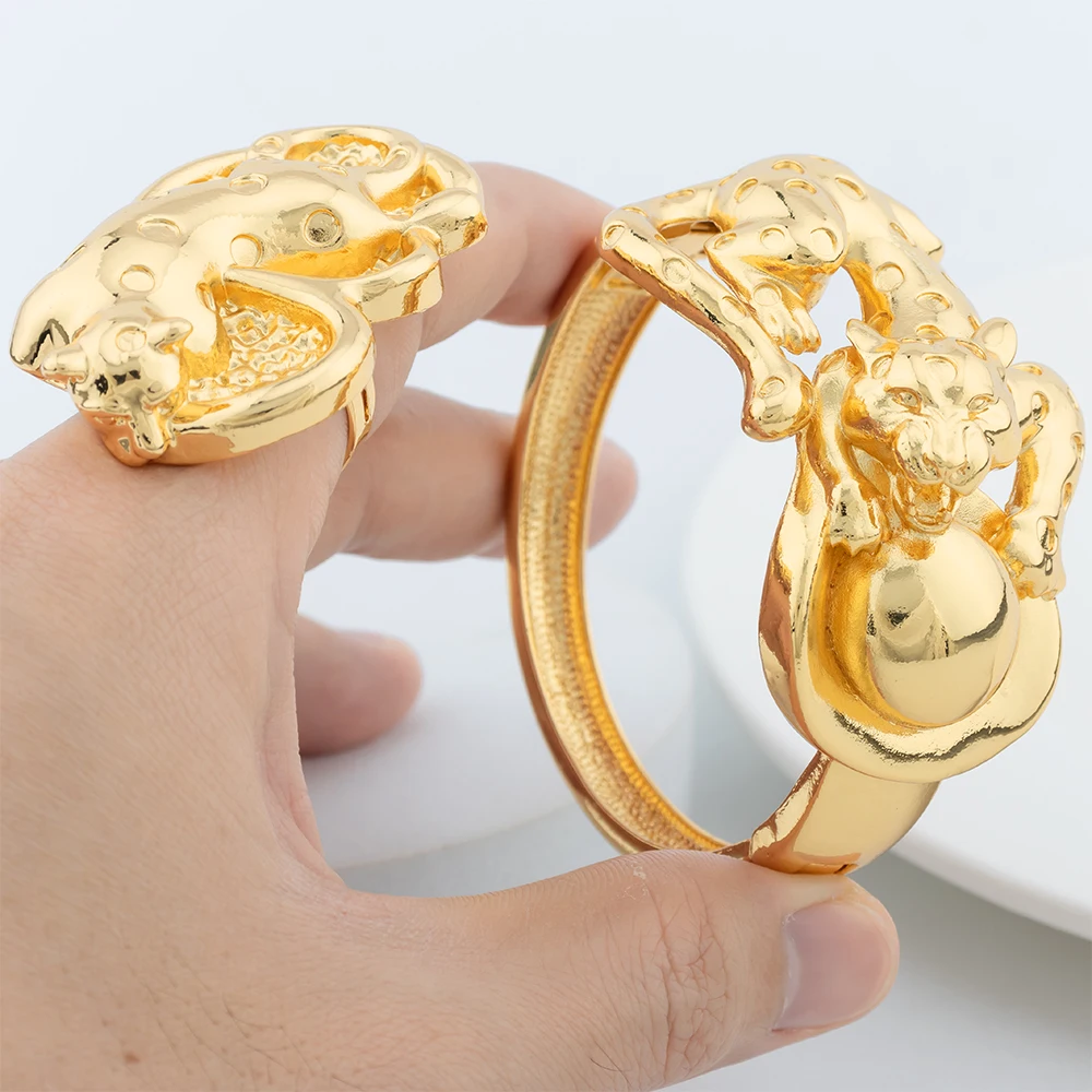 

2PCS Jewelry Set for Women Fashion Dubai 18k Gold Color Round Bracelet Luxury Bangles Adjustable Ring Jewelry Wedding Party Gift