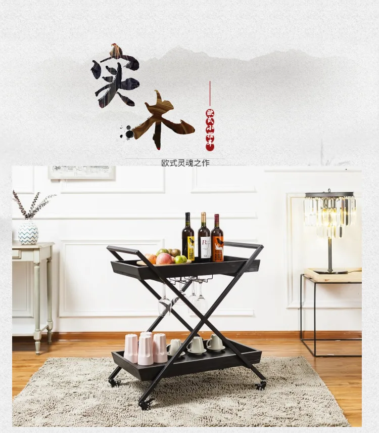 Retro Solid Wood Wrought Iron Dining Car, Hotel KTV Wine Service Car, Mobile Home Dining Tray Storage, Restaurant Trolley