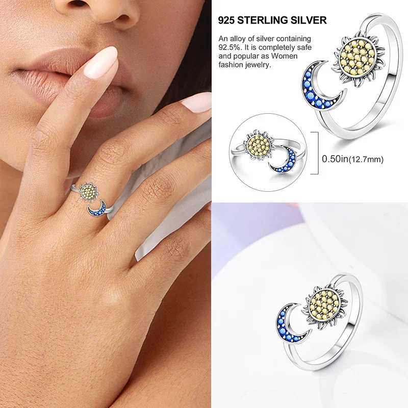 Free Size 925 Sterling Silver Ring Butterfly Sun Moon Sunflower Crystal Original Adjustable Rings For Women Wedding Jewelry Gift silver ring wedding rings silver rings enamel butterfly ring