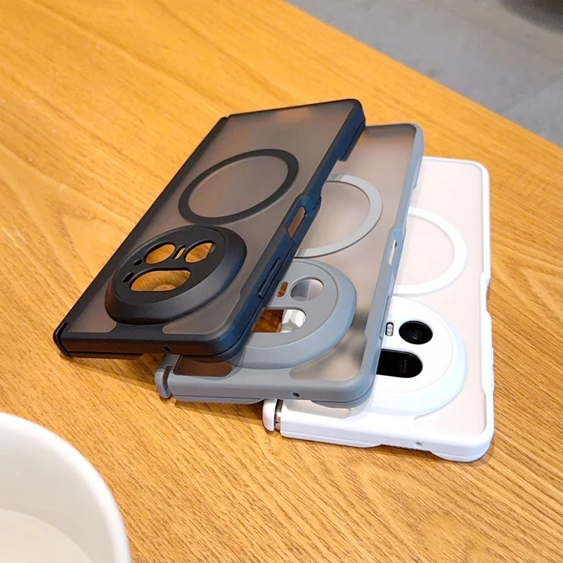 Frosted Matte Semi-Transparent Magnetic Phone Case with Center Axis Hinge and Camera Protection