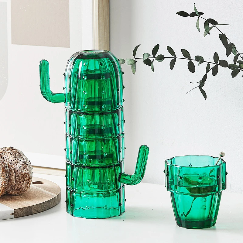 Nordic Cactus Glass Cup Household Water Glass Mug 4/6 Pcs Set Stackable Green Tumbler Glassware With Box Package Gift Cups