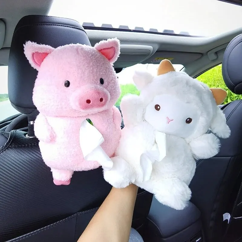 Cartoon Car Tissue Box Creative Little Sheep and Pig Car Hanging Paper Drawer Box Cute Vehicle Interior Decoration Supplies car tissue holder tissue box