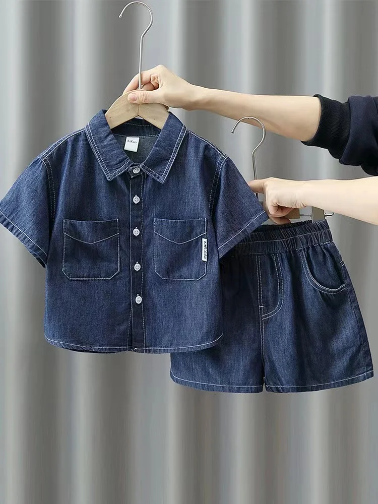 

K51803 hot sale blue jeans girls boys clothing set birthday outwear boutique outwear size 3-12Years