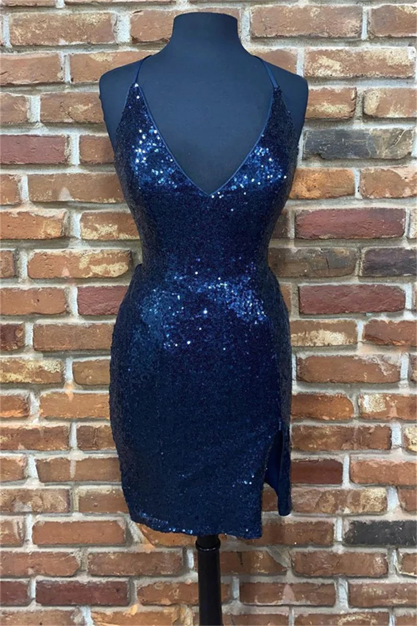 

Navy Blue Homecoming Dresses 2023 Cute Halter Neck Sexy Sheath Party Vintage Elegant Sequin Sparkly Party Gowns with Slit Short