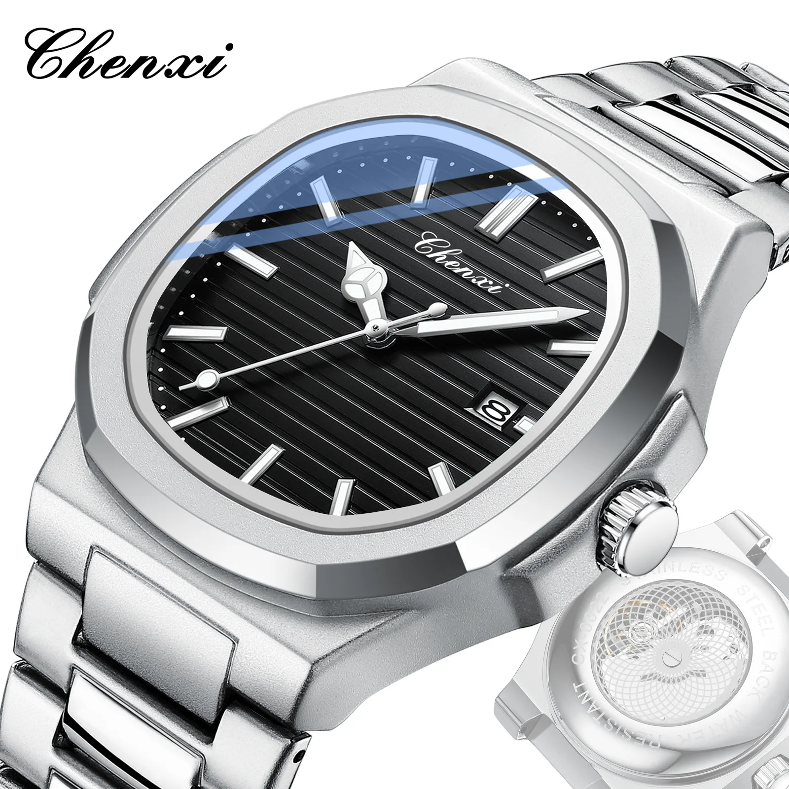 

CHENXI 0022 Quartz Watch Men Business Fashion Simple Date Analog Display Silvery Stainless Steel Strap Wrist Watches Clock Gift