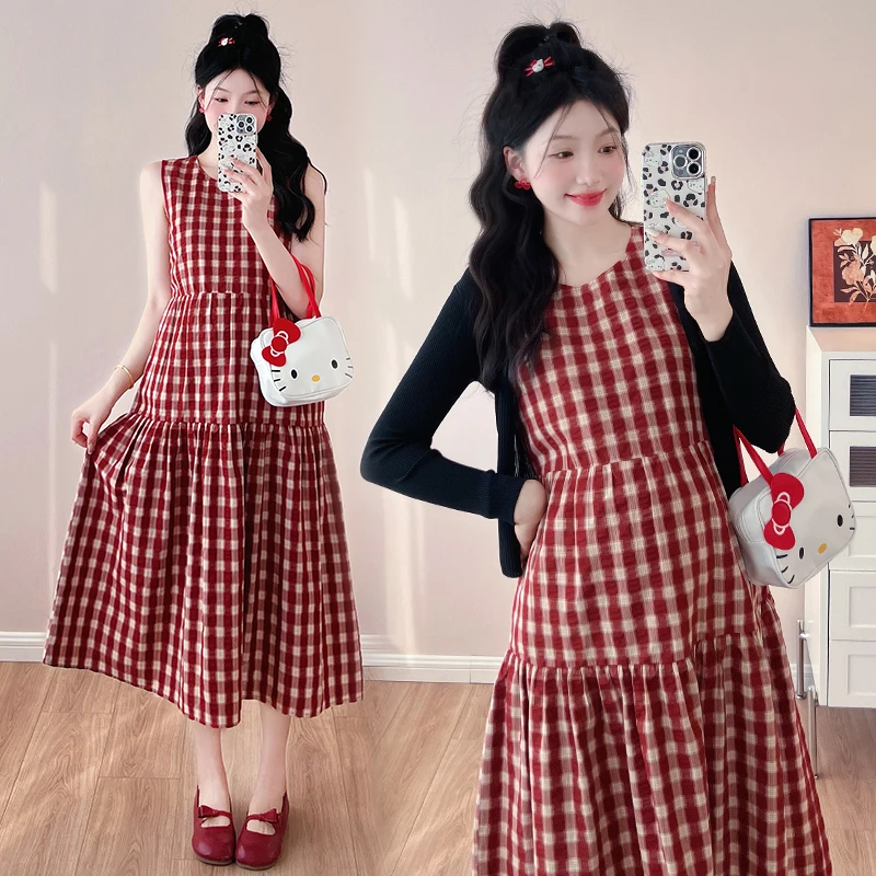 Summer Pregnant Women Plaid Dress Suits Short Sleeves Cotton T-Shirt Sundress Twinset Clothes Set Maternity Dress with Shirts