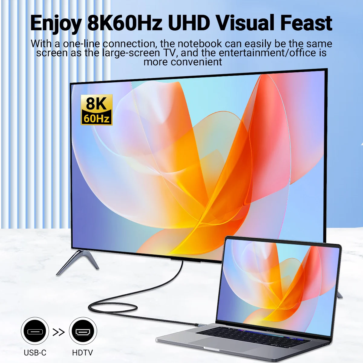 כבל USB-C ל-HDMI 8K@60Hz 4K@120Hz כבל פלט מהיר למחשבים ניידים סמארטפונים טאבלטים מסכים צגי HD