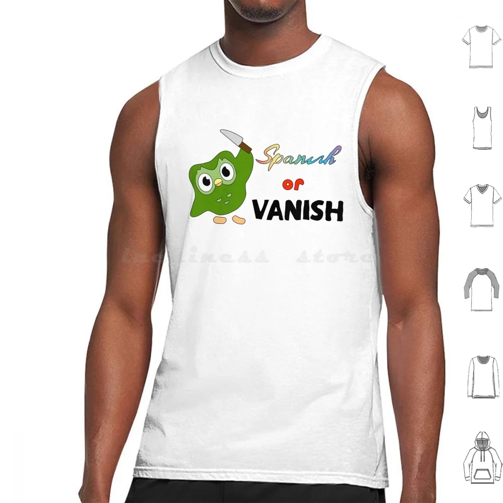 Spanish Or Vanish Tank Tops Print Cotton Duolingo Duo Lingo Bird Murder Meme Spanish Vanish Joke