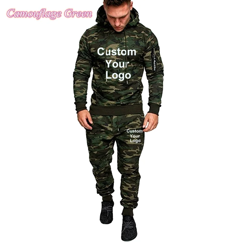 Autumn Men Custom Your Logo Tracksuit Sport Set Camo Printed Hoodies Coat + Pants Sportwear Suit Outdoor Running Jogging Sets 3