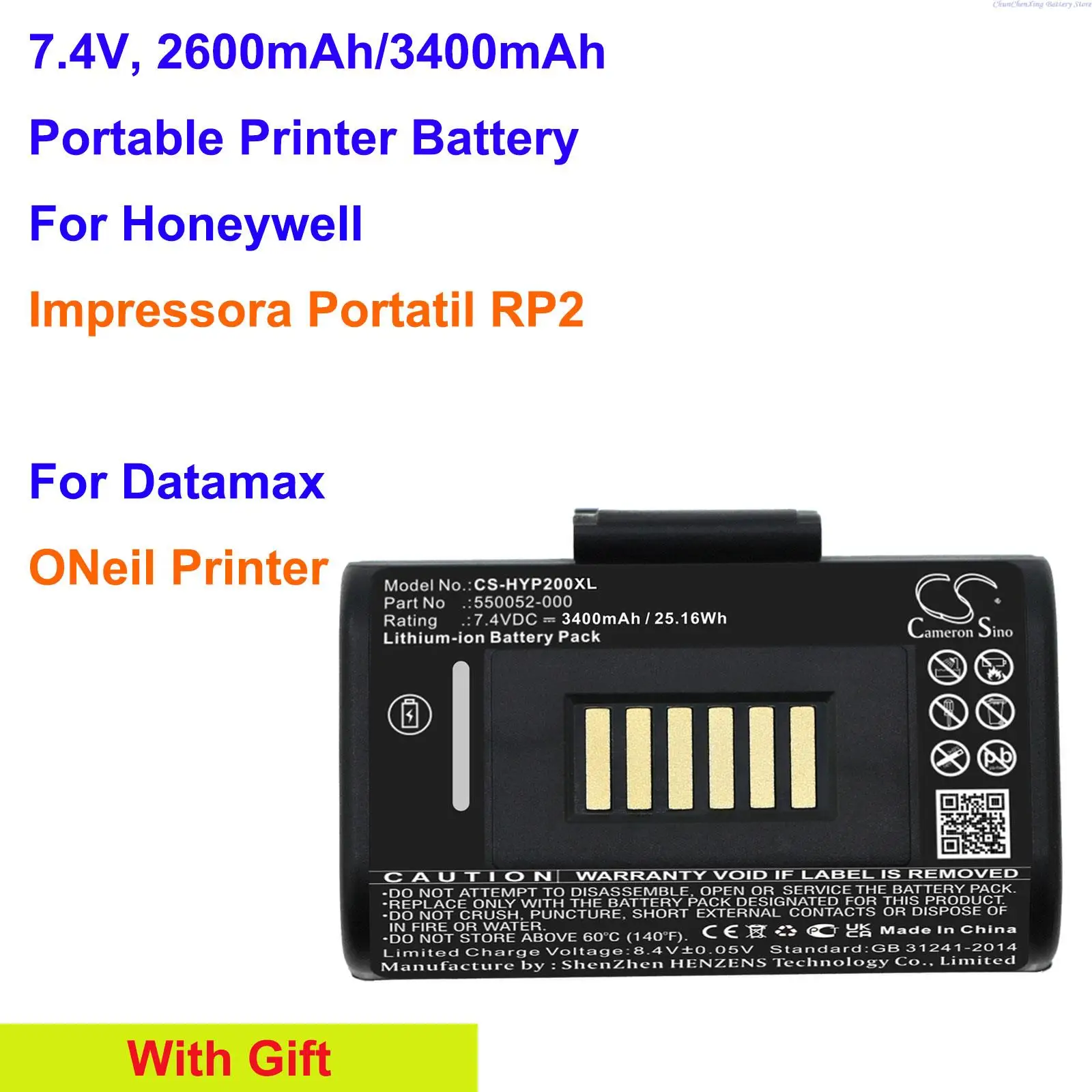Bateria Portátil 2600000 da Impressora de Cameron Sino 3400mah 550052 Mah para Honeywell Pressora Portatil Rp2 para a Impressora do Oneil de Datamax