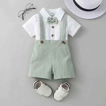 2PCS Baby Boy Gentleman Outfit Clothes Solid Color Short Sleeves shirt with Bow Tie and Overalls Shorts Set for Formal Wear Sets 1
