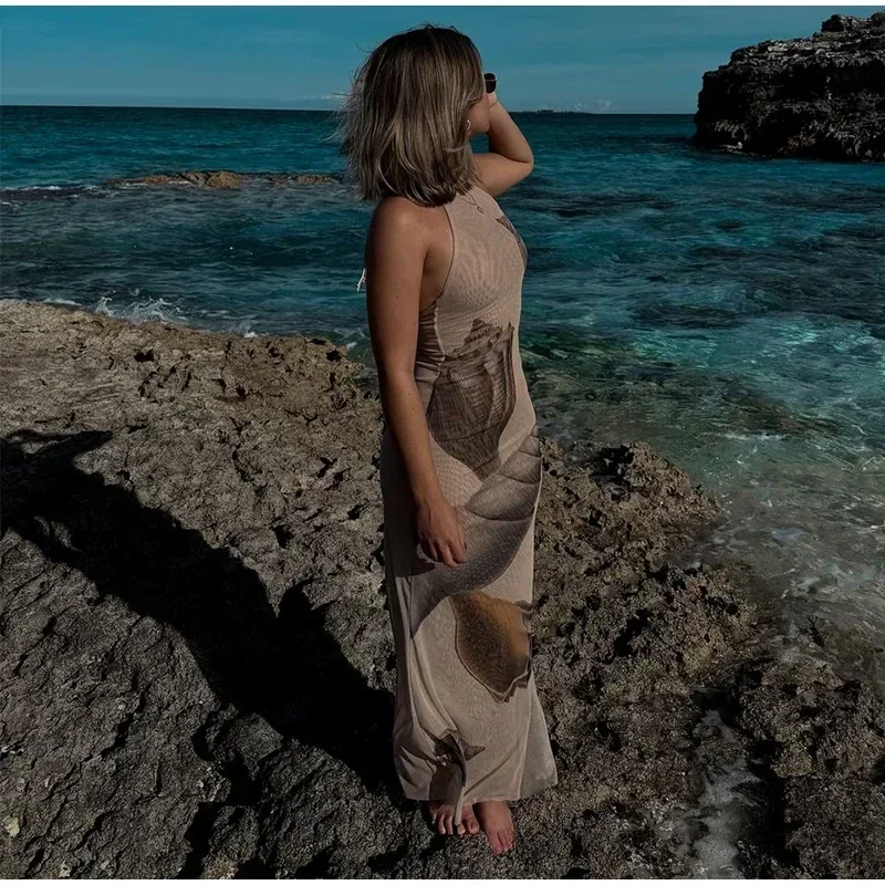 Vestidos largos de tul con espalda descubierta y estampados para mujer, vestidos de fiesta sin mangas con cuello halter y cordones, moda 2025, batas ajustadas para vacaciones en la playa.