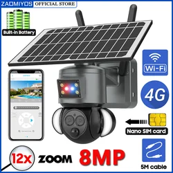 8MP 4K solar camera 4g sim outdoor waterproof Security Protection Surveillance Tracking WIFI PTZ Dual Lens 12X ZOOM CCTV IP Cam