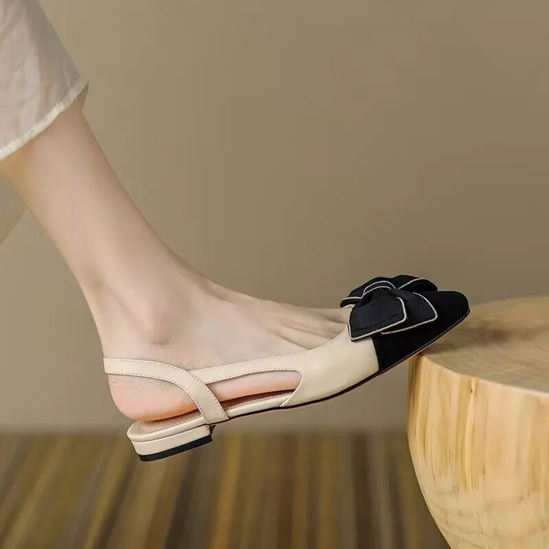 Baotou Sandals Women's Summer  New Small Fragrant Style Color-block Bow Square Toe Flat Flat with A Flat Buckle