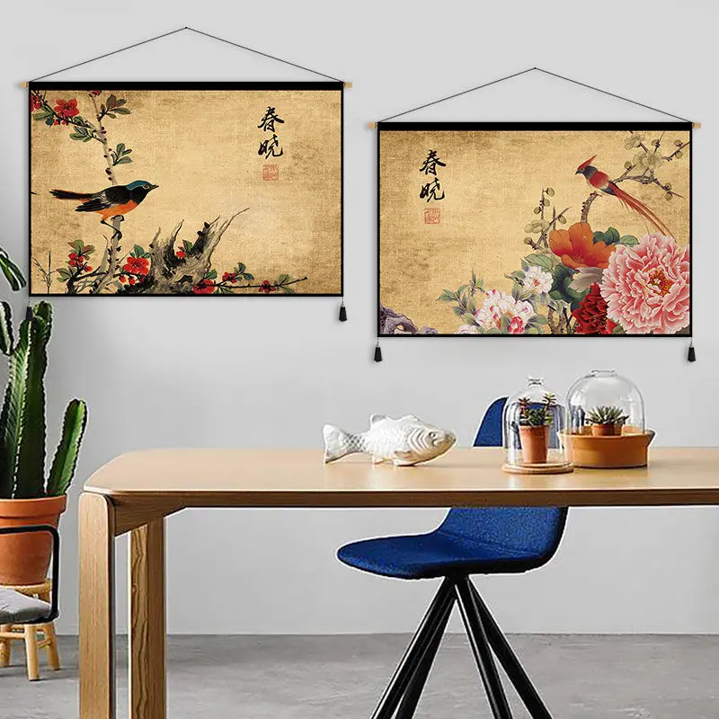선 레트로 중국어 패브릭 아트 매달려 그림 거실 차 방 배경 패브릭 벽 장식 그림 침실 연구 태피스트리
