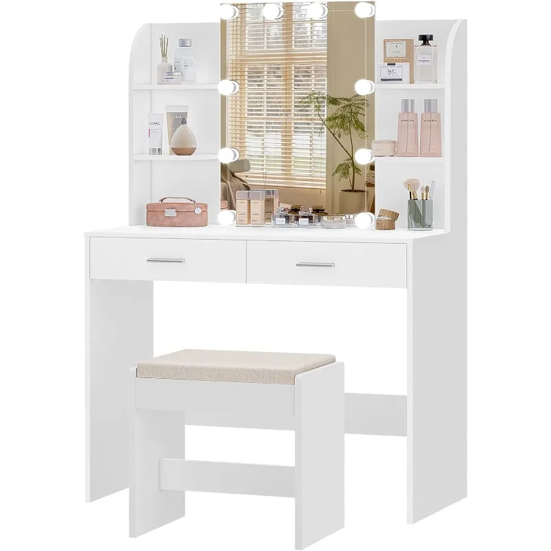 Vanity Desk Makeup Vanity Table 2 Large Drawers 6 Storage Shelves Stool Bedroom Dressing Mirror Lights